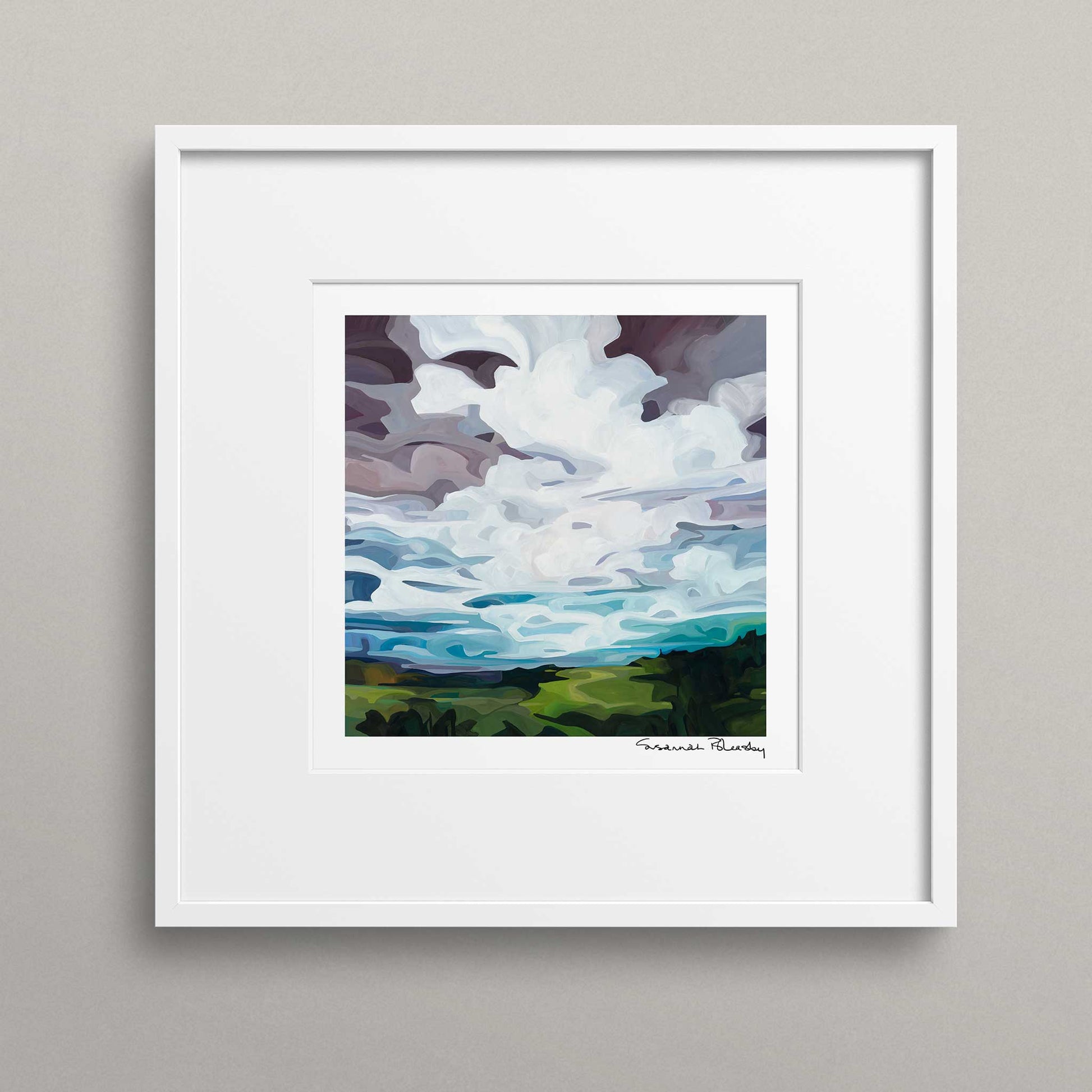 framed square art print based on an acrylic abstract painting of a landscape with a bright turquoise cloud-filled evening sky