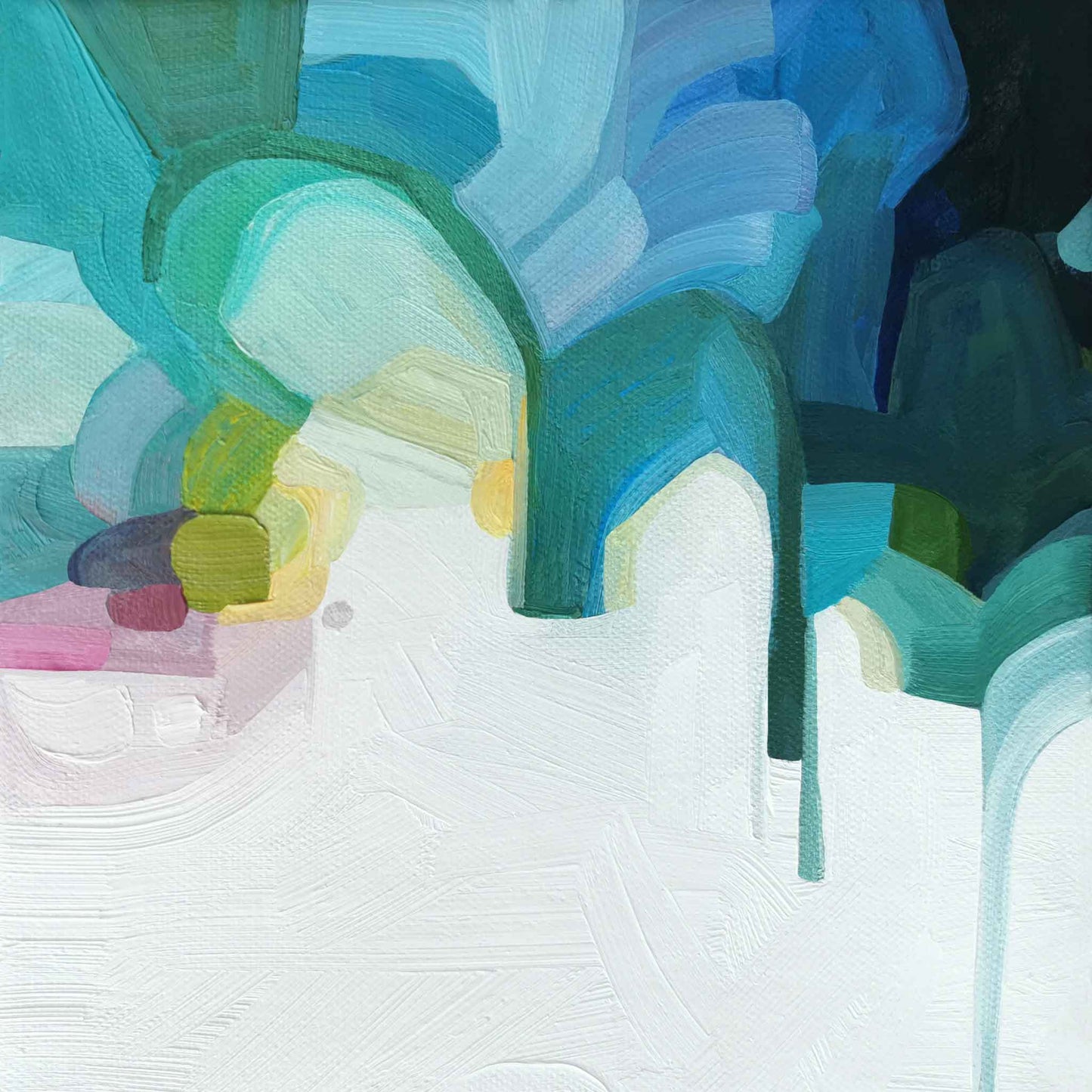 abstract painting in oil with colourful palette of turquoise green and light blue