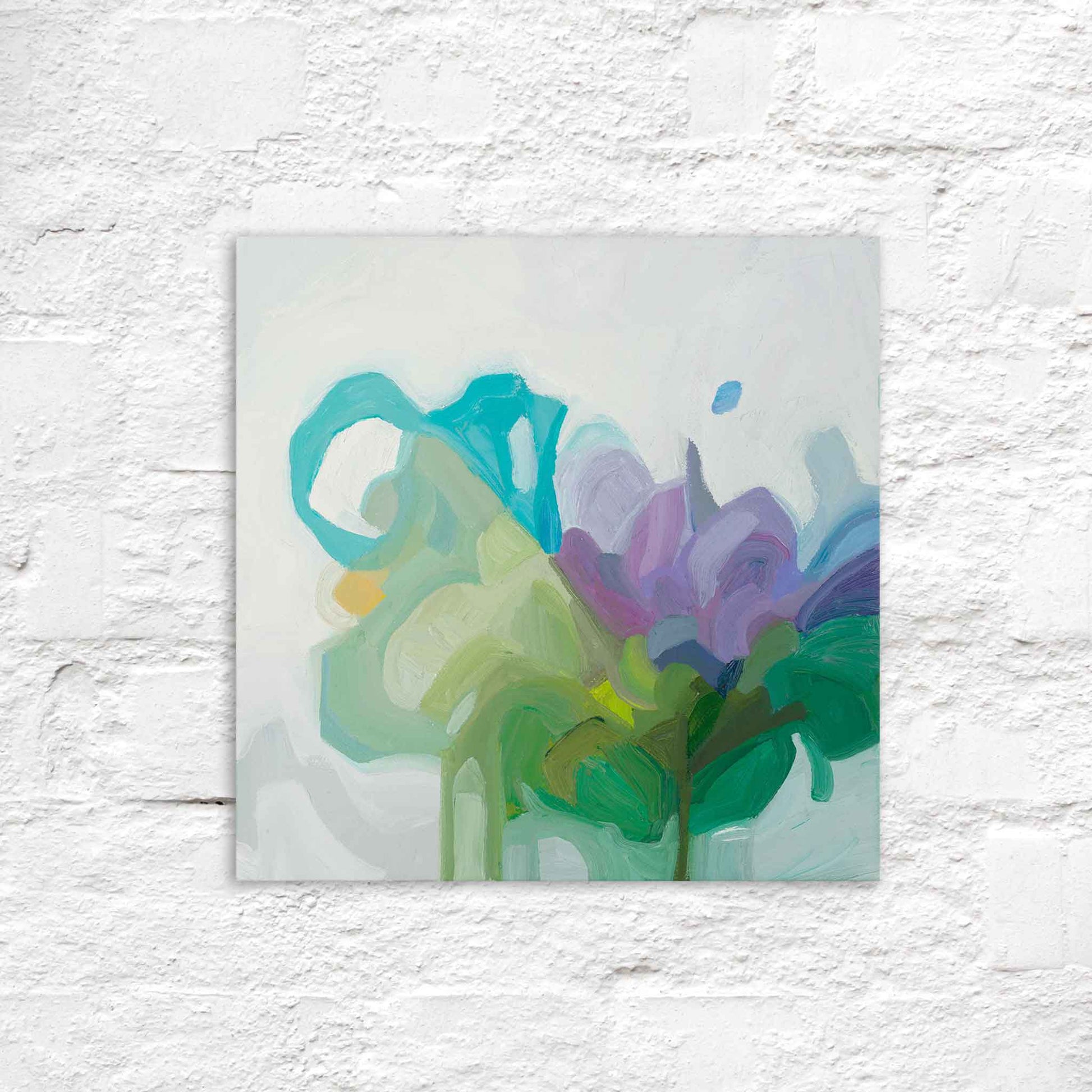 small square abstract oil painting on canvas in turquoise mauve emerald green and light green