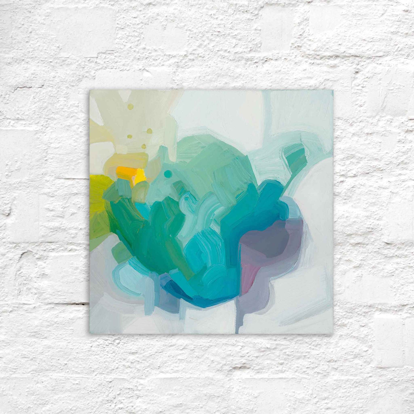 small square abstract oil painting on canvas in muted mauve soft turquoise bright blue