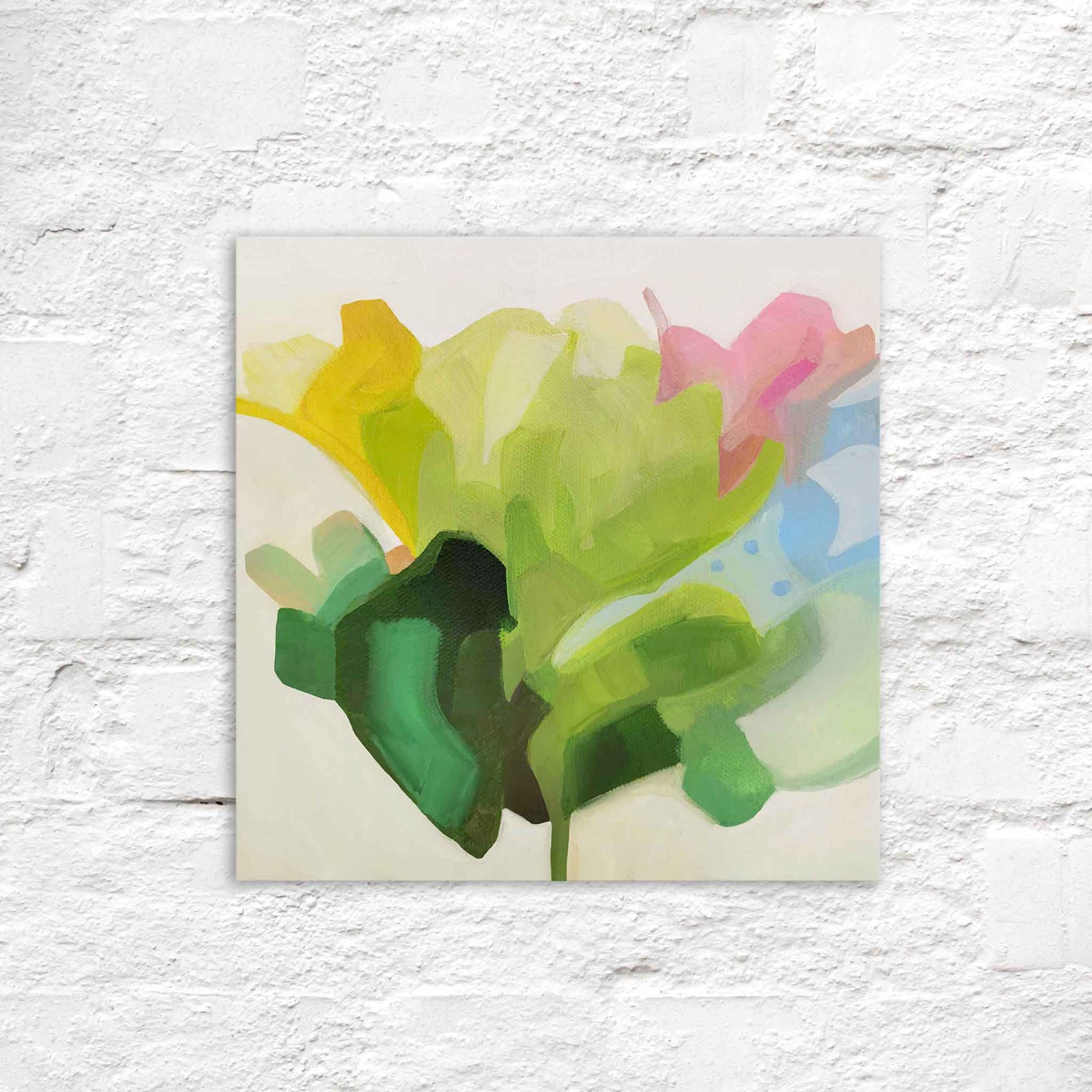small square abstract oil painting on canvas in fresh green dark green pink and light blue