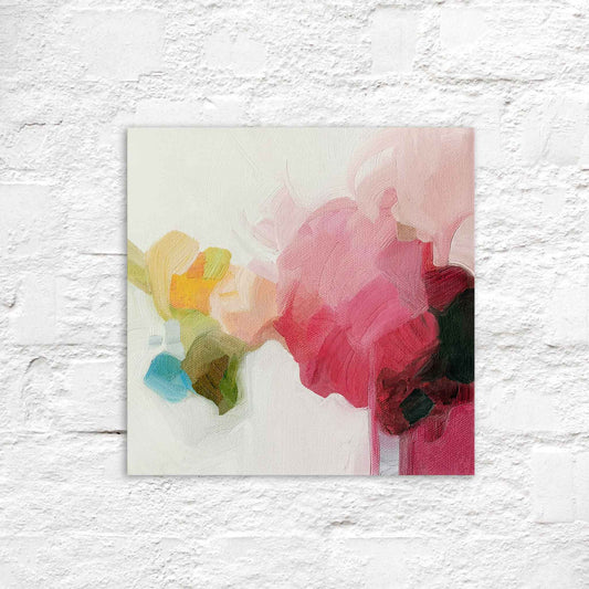 small square abstract oil painting on canvas in vibrant pink magenta and red