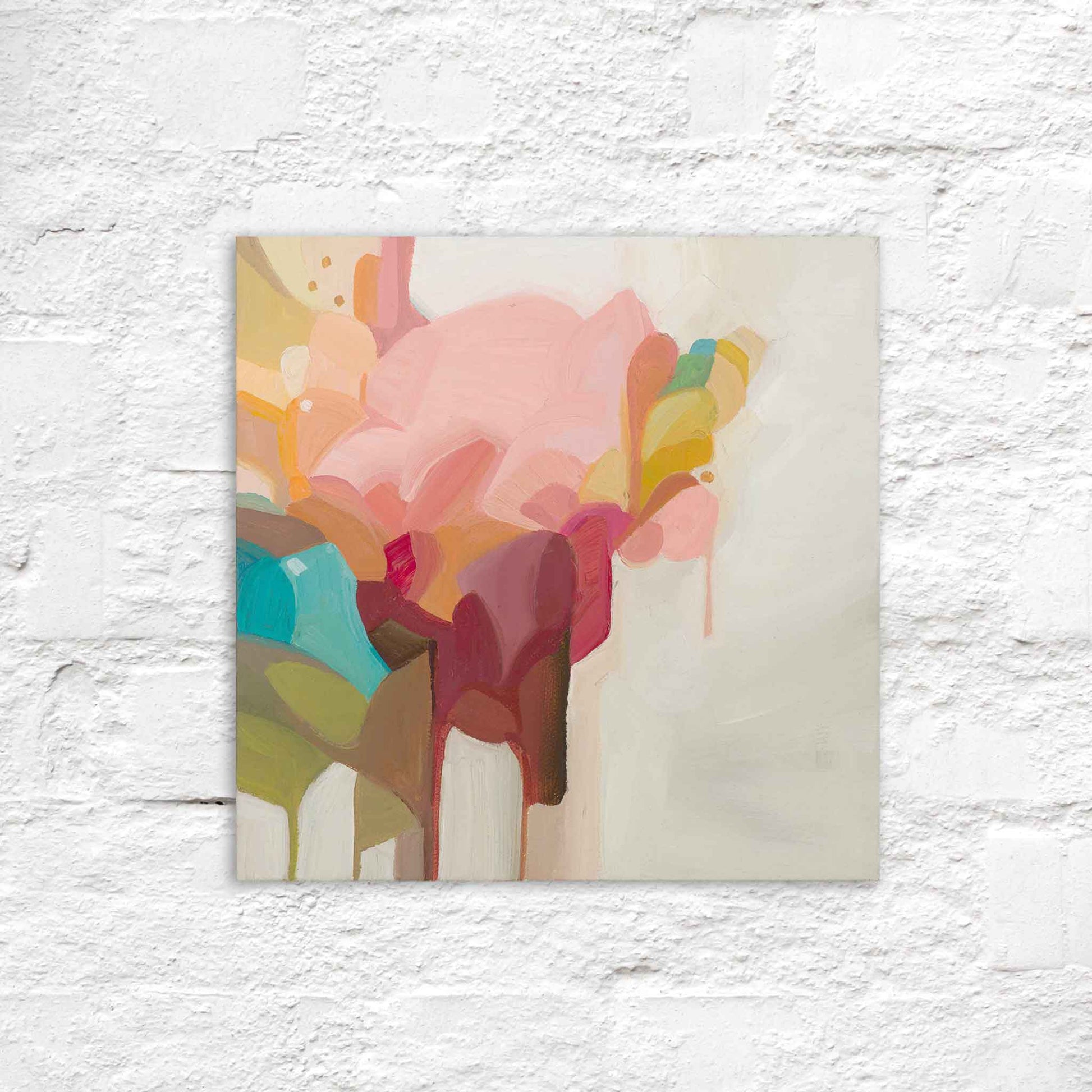 small square abstract oil painting on canvas in peach pink turquoise