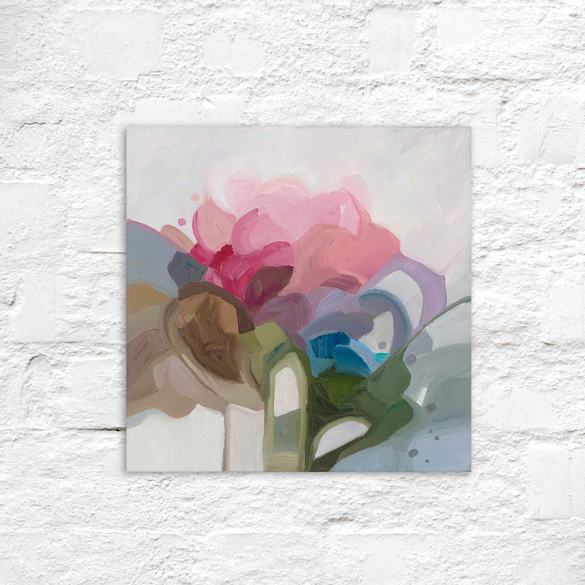 small square abstract oil painting on canvas in magenta pink mauve green and taupe