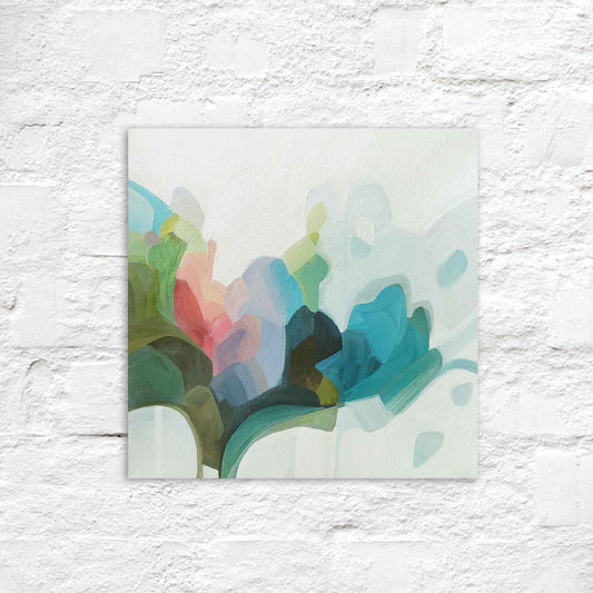 small square abstract oil painting on canvas in green and blue