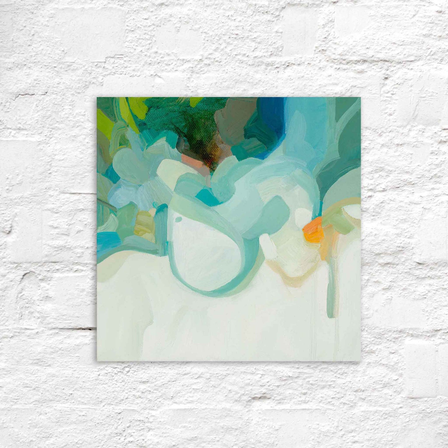 small square abstract oil painting on canvas in seafoam green turquoise green and yellow