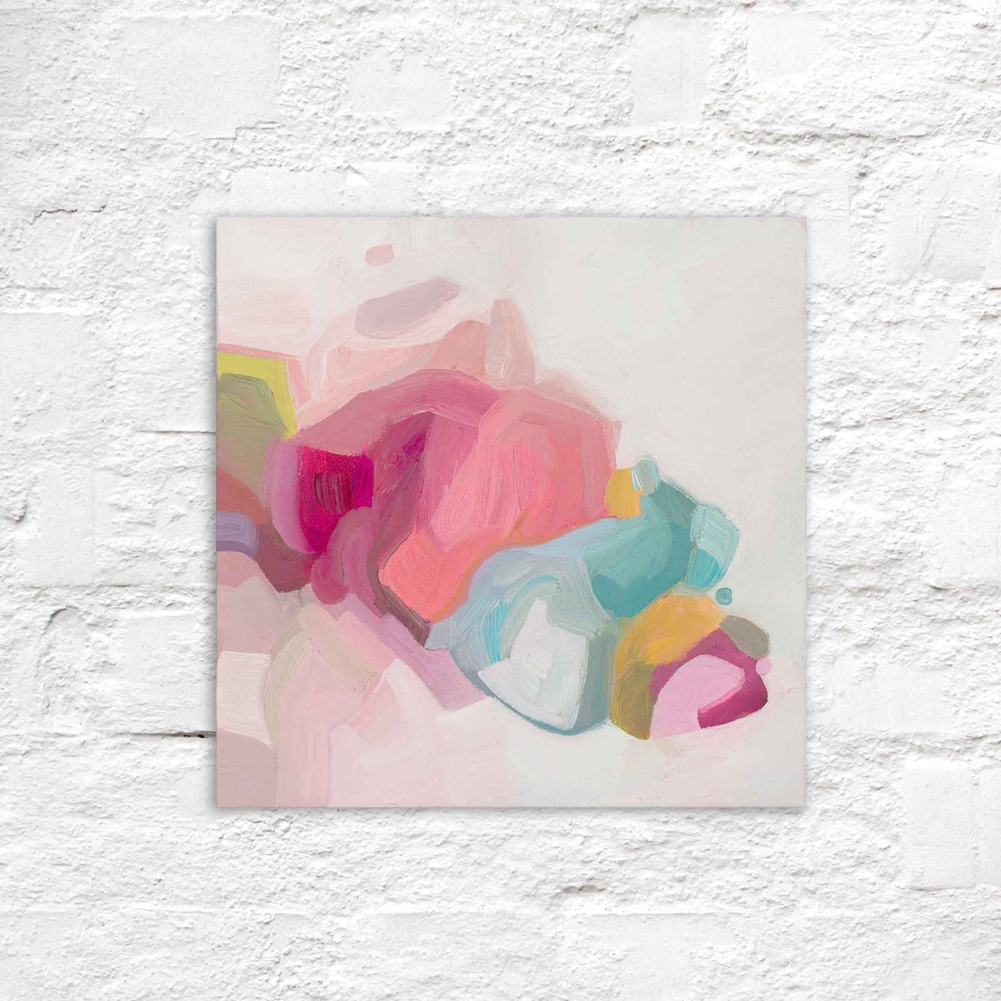 small square abstract oil painting on canvas in soft pink light turquoise and mauve pastel colors