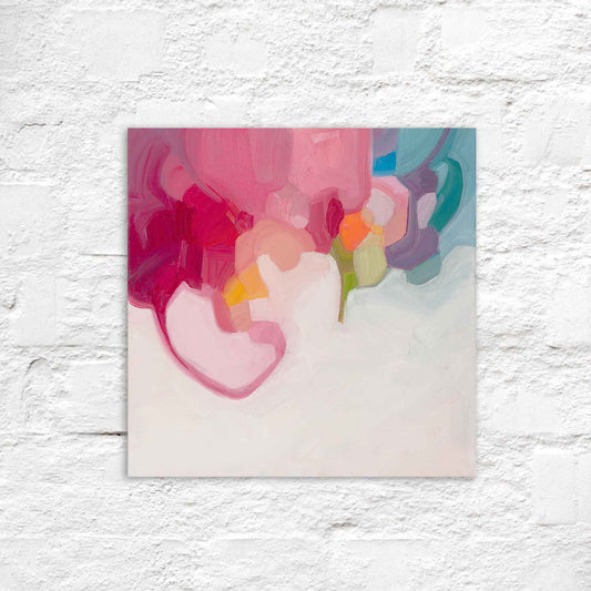 small square abstract oil painting on canvas in bright rainbow colours of red pink and turquoise