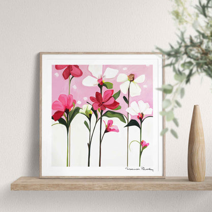 framed 12x12 art print created from acrylic flower painting of magenta pink and white flowers