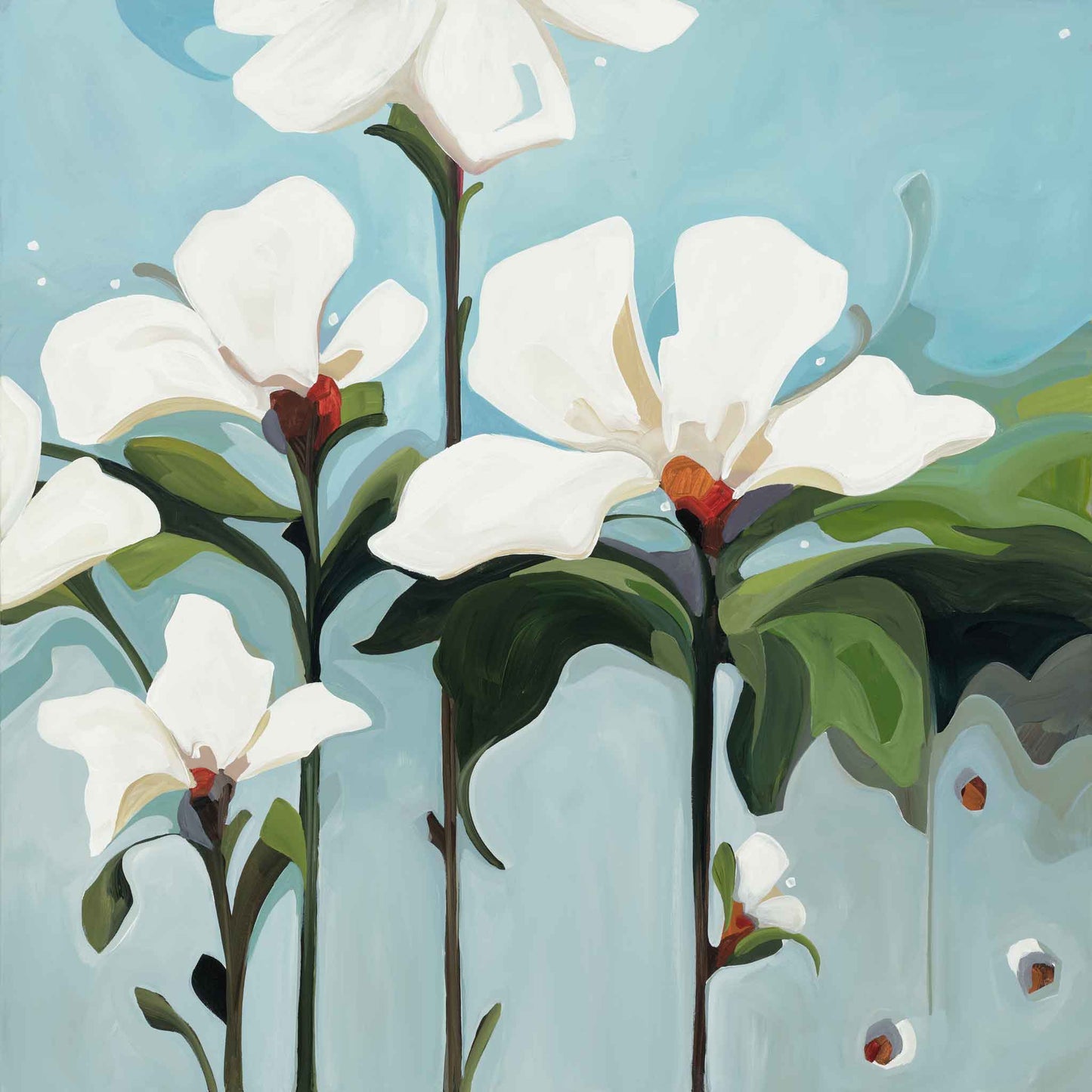 acrylic flower painting with big white flowers on grey blue background by Canadian artist Susannah Bleasby