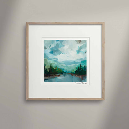 Square fine art print of â€˜Blue Spruceâ€™ lake scene painting by Canadian abstract artist Susannah Bleasby