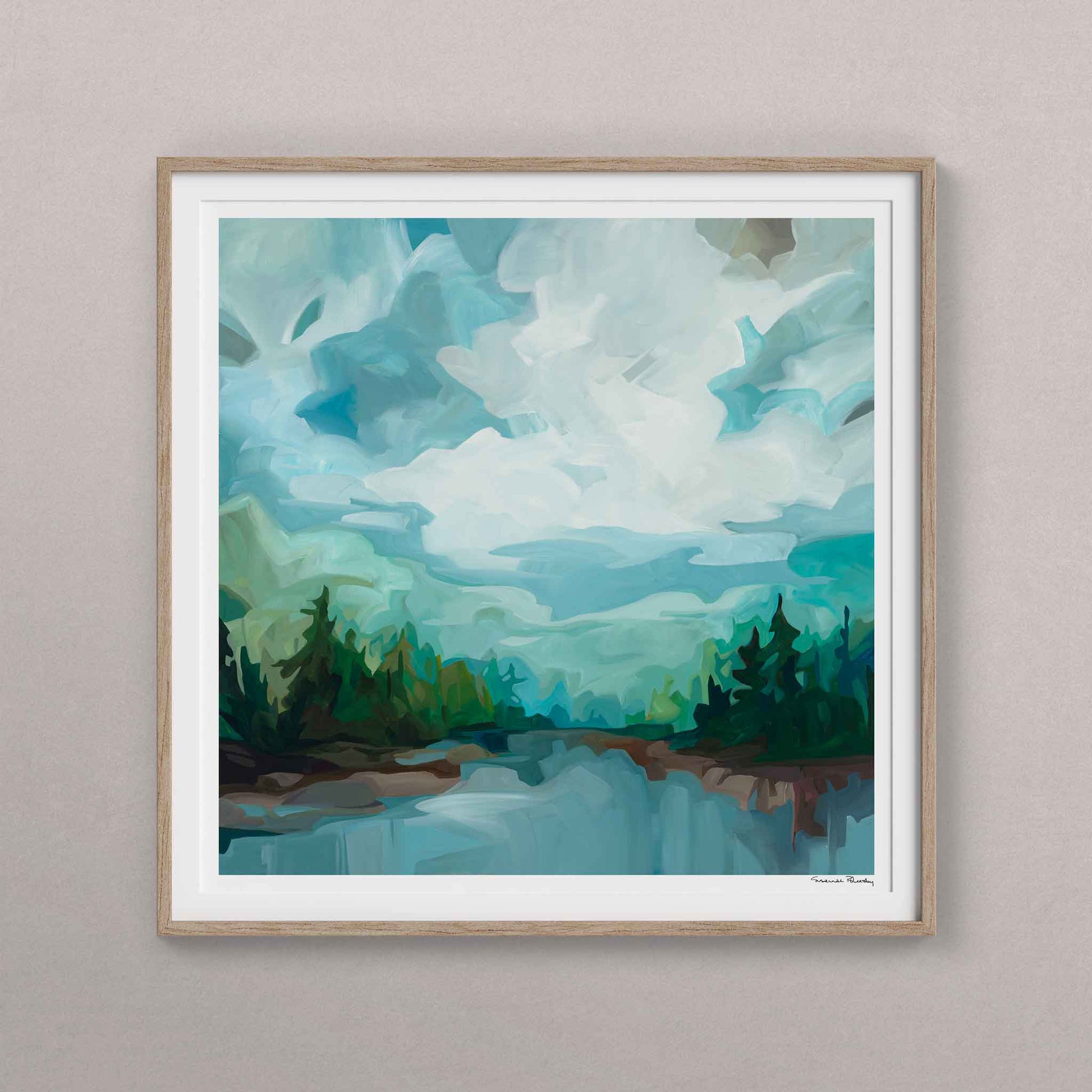 large square fine art print of lake scene painting under an abstract sky by Canadian abstract artist Susannah Bleasby
