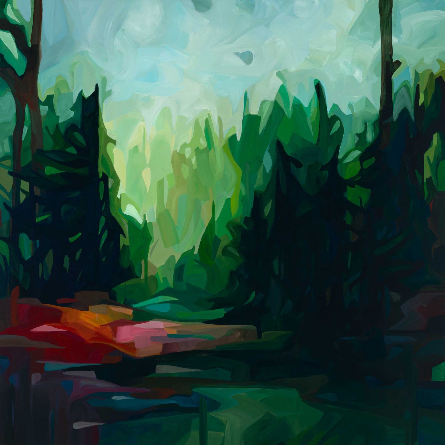 a deep emerald green abstract forest painting by Canadian abstract artist Susannah Bleasby