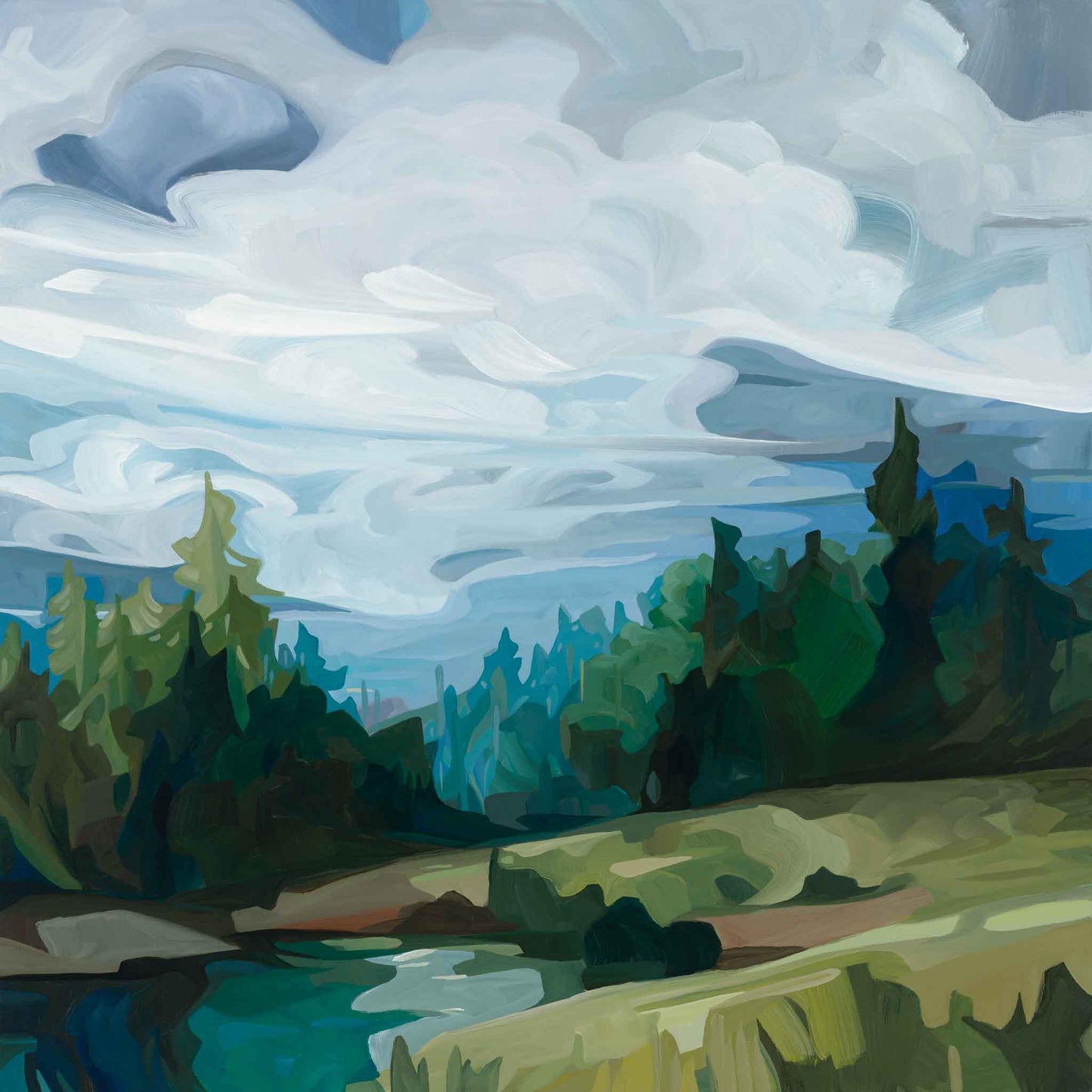 abstract landscape painting by Canadian artist Susannah Bleasby of a memory of a mountain forest view