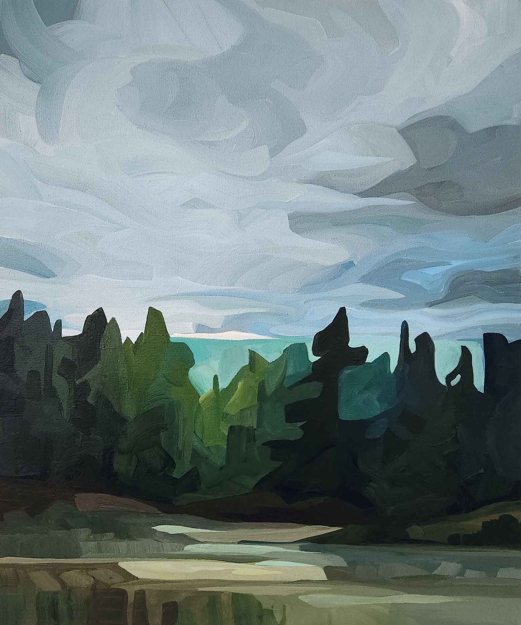 An acrylic landscape painting that portrays the forest, the sky and the wind in abstract form
