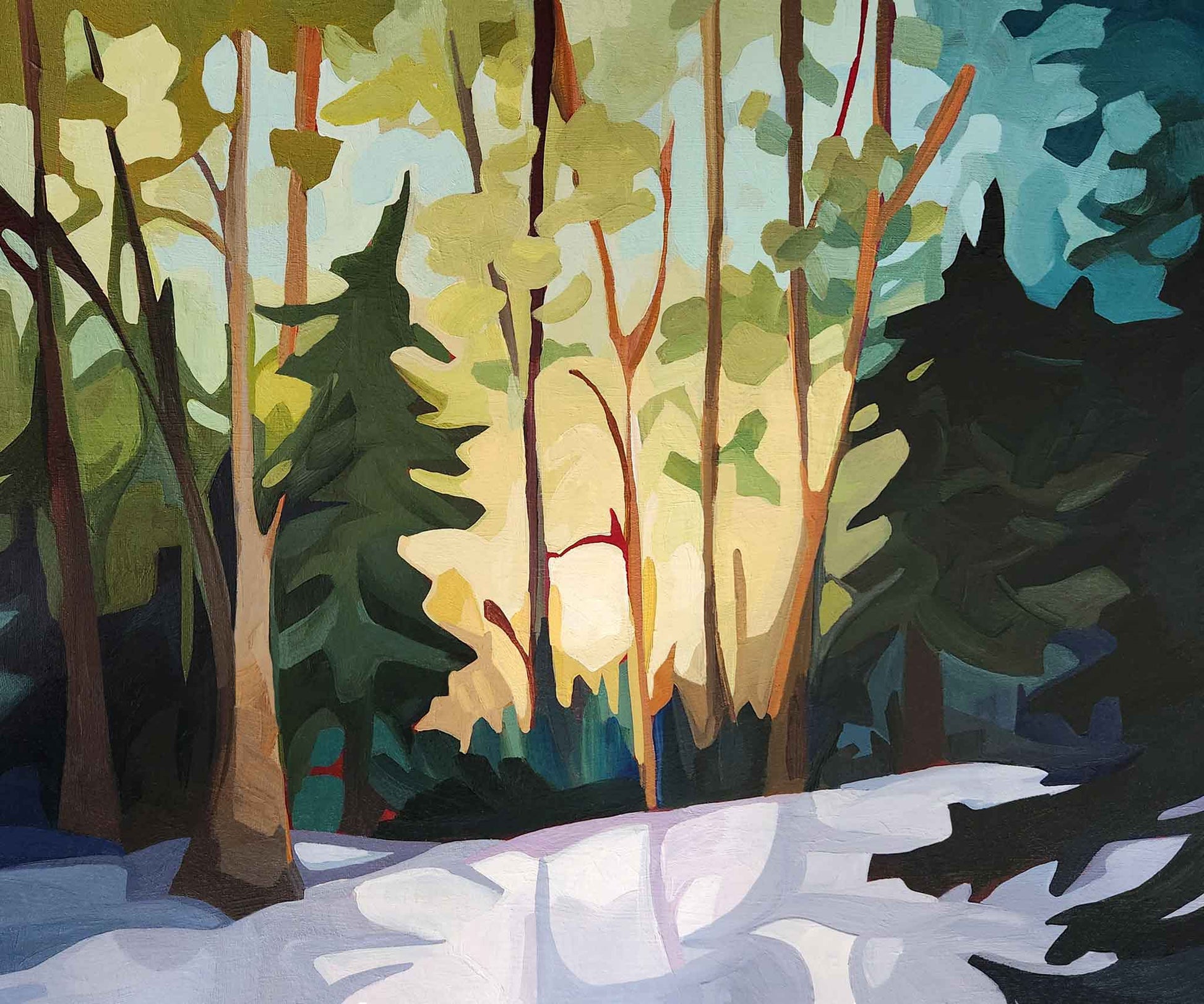 An abstract landscape painting that captures the peacefulness and energy of a winter forest with golden sunlight