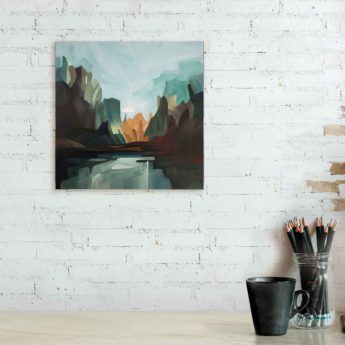 misty forest view in abstract forest painting hanging over counter
