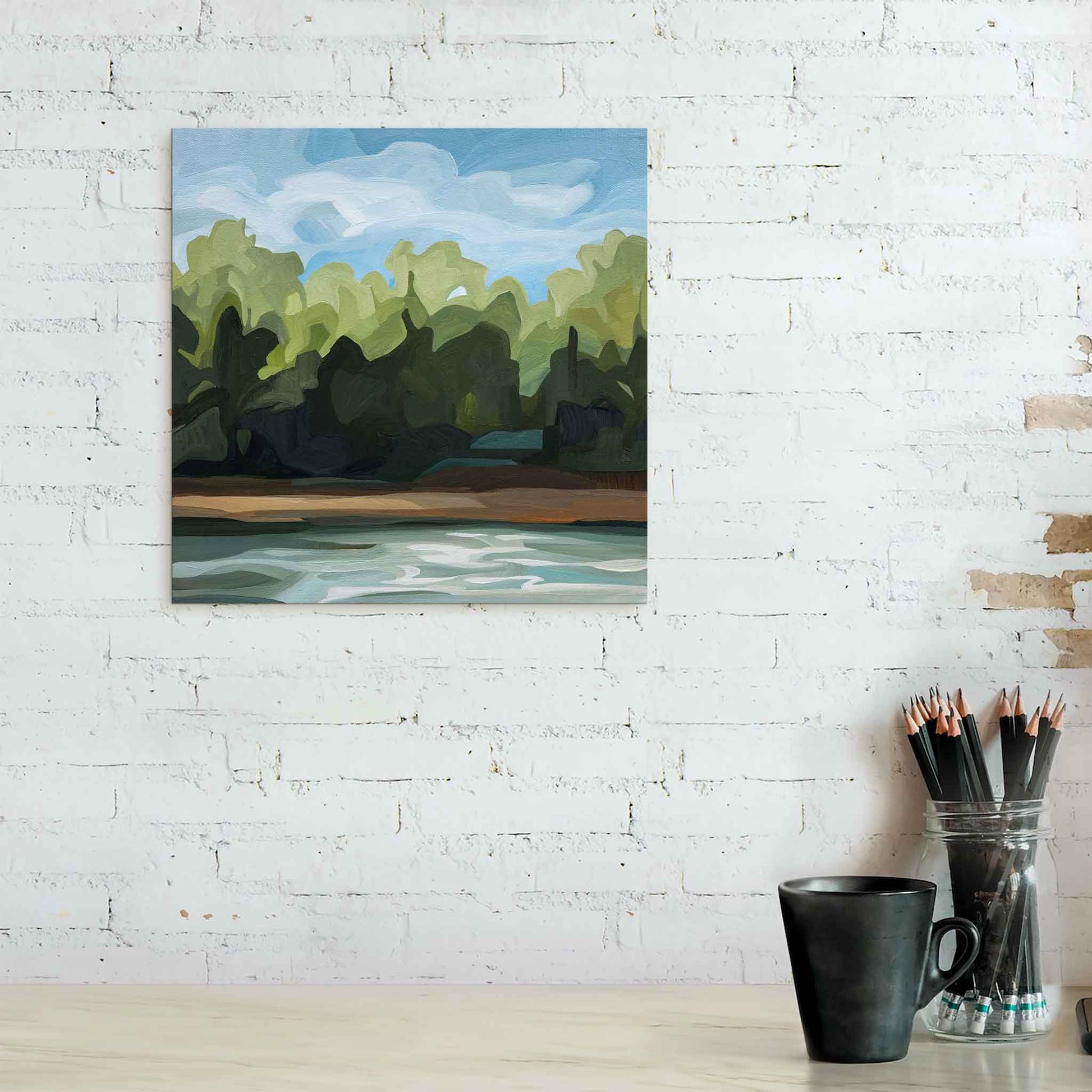 abstract forest painting acrylic abstract landscape 12-5 hanging on white brick wall