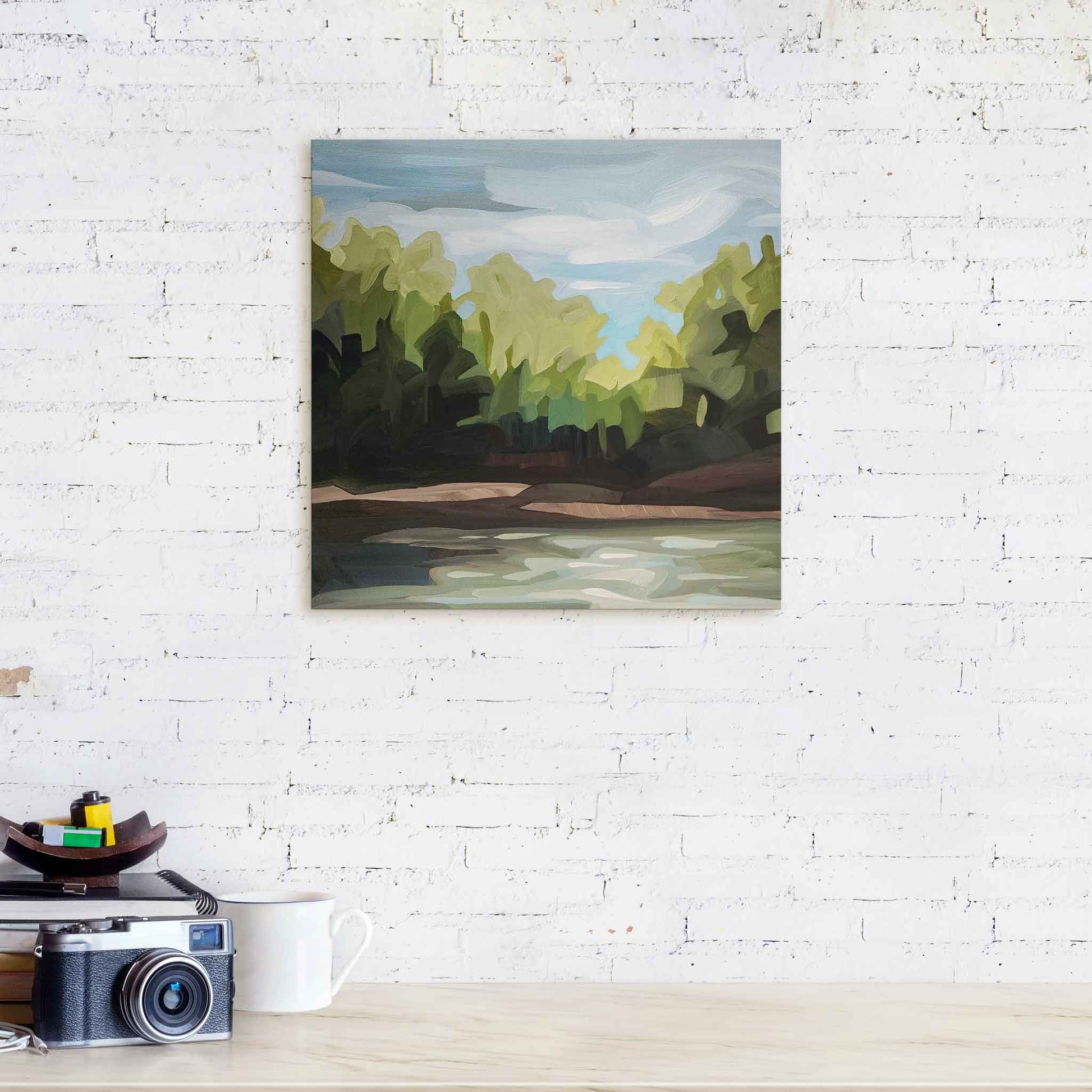 fresh abstract forest acrylic forest painting hanging over counter