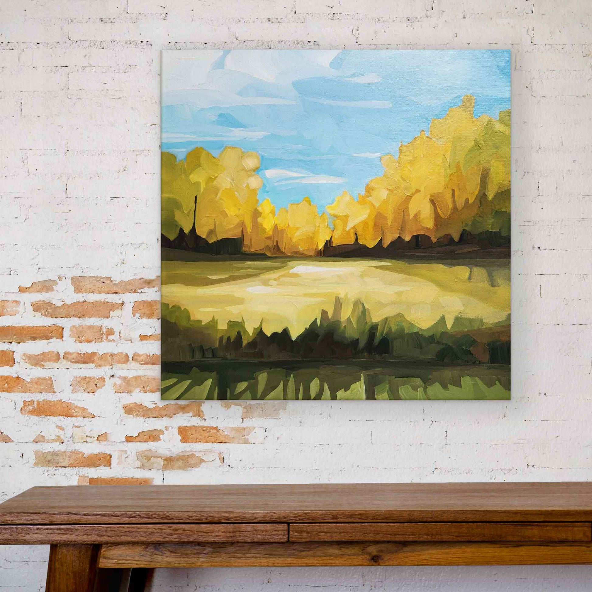 warm golden forest painting abstract landscape hanging over table