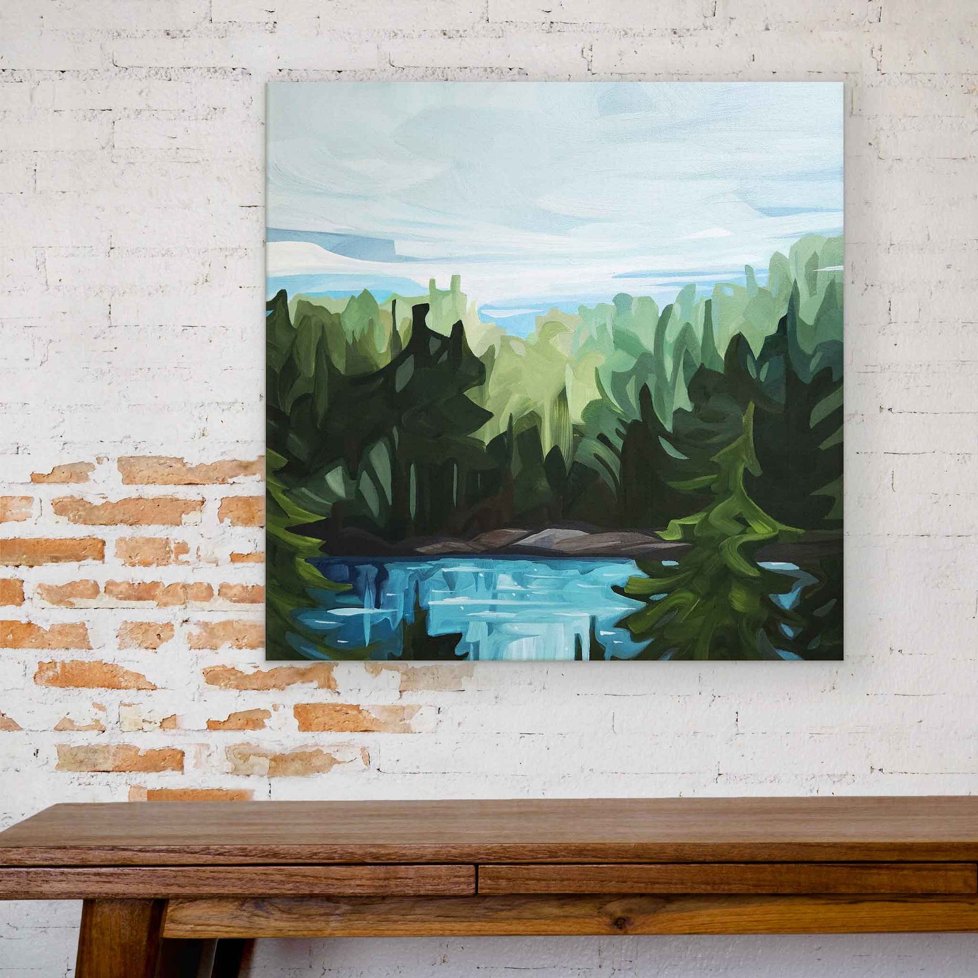 forest landscape fresh green forest painting on canvas hanging over table