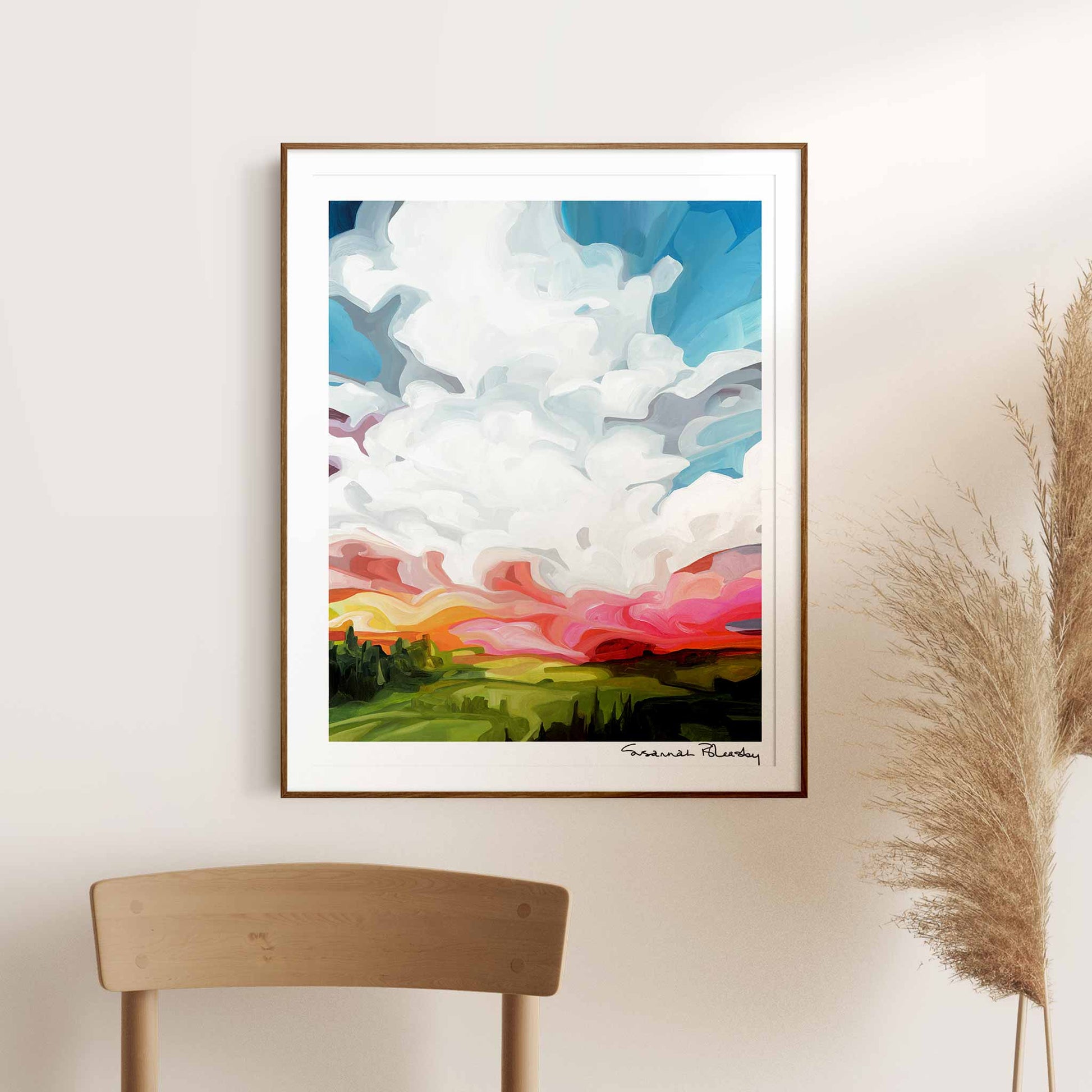 vertical art print of an vibrant abstract sky painting depicting a colourful late afternoon sky in summer by Canadian artist Susannah Bleasby