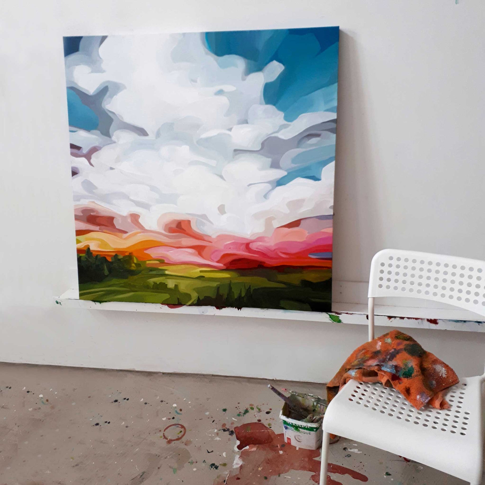 acrylic sky painting colourful sunset original artwork in studio