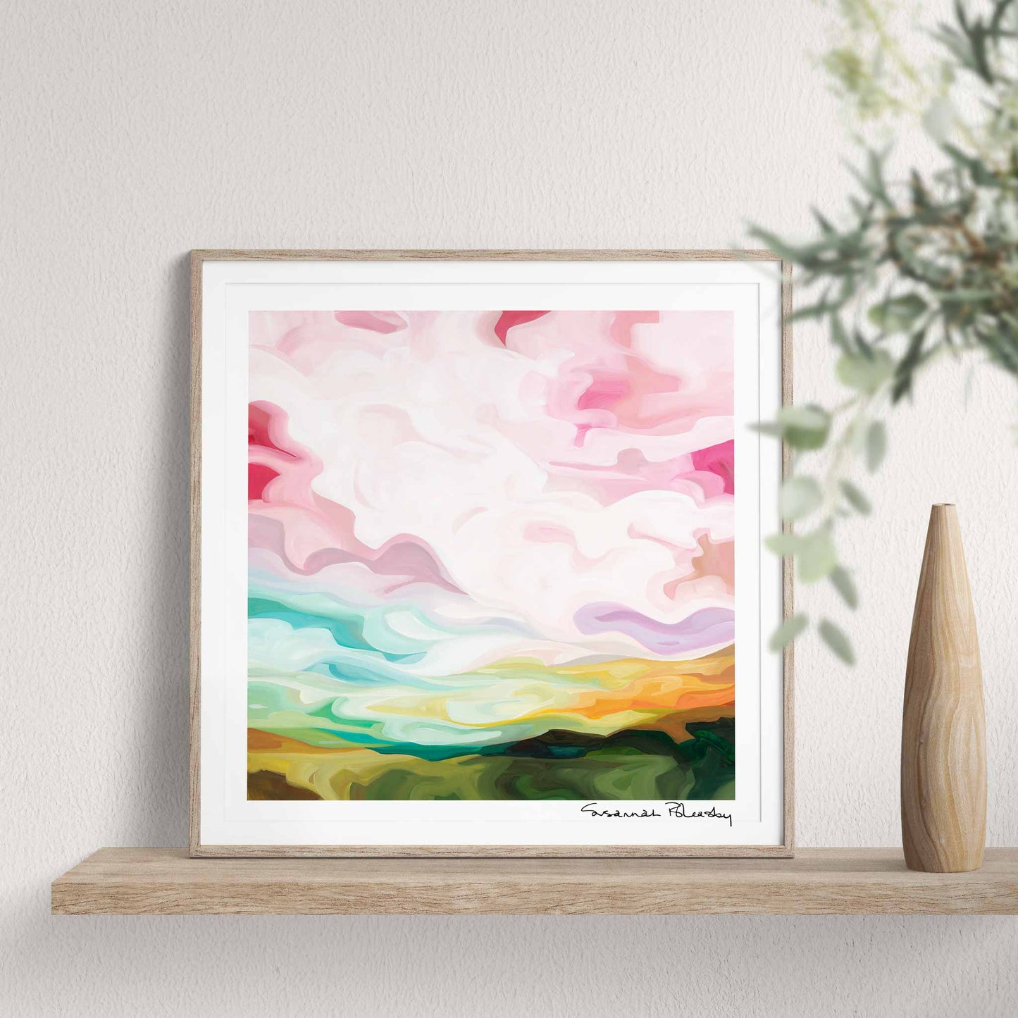 small square art print of a pink abstract sky created from an acrylic sky painting by Canadian abstract artist Susannah Bleasby