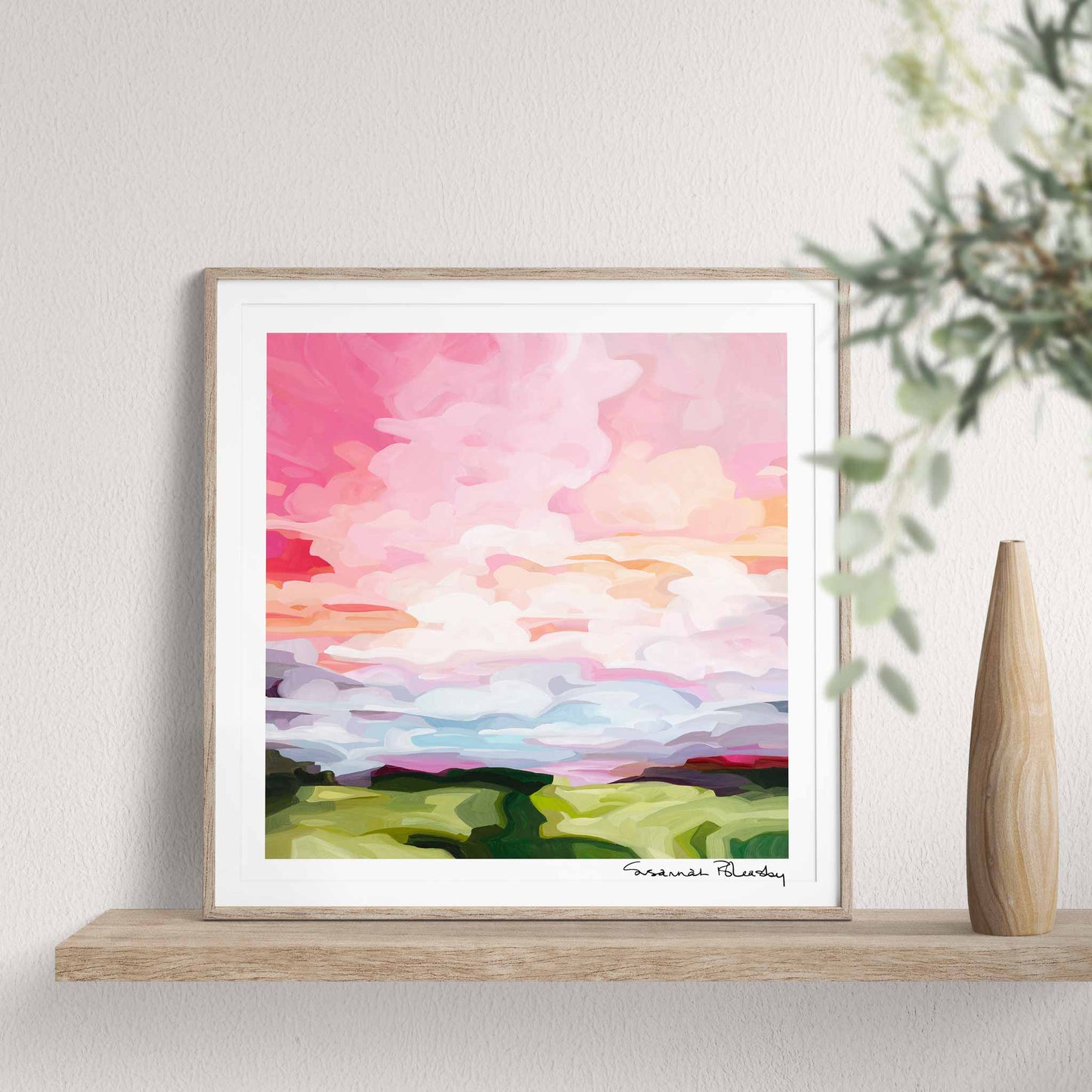 Acrylic sky painting print inspired by colourful summer sky as framed wall art by artist Susannah Bleasby