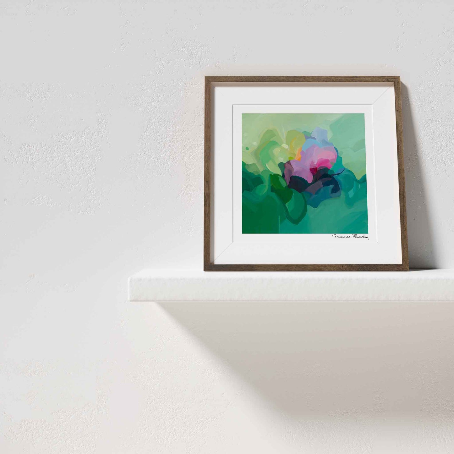  jade green abstract art print with pink mauve and blue detail created from an abstract acrylic painting