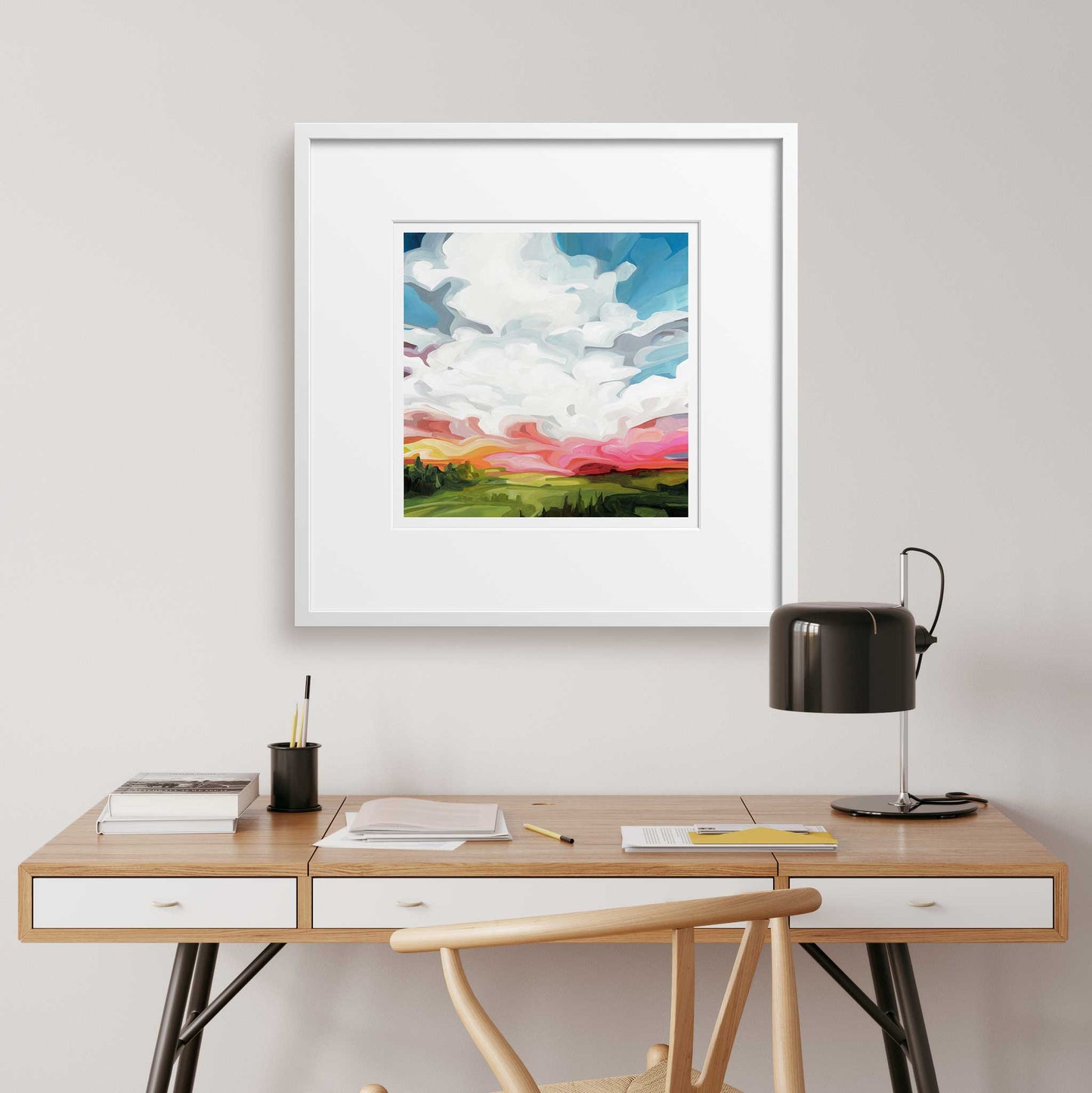 large square sky painting created as a vibrant abstract sky art print framed with an extra wide mat hung as wall art over desk