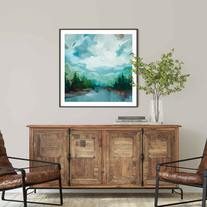 oversized fine art print of a lake scene painting with abstract sky by Canadian abstract artist Susannah Bleasby