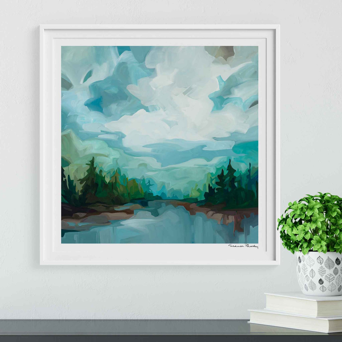 lake scene painting with trees under abstract sky as framed fine art print by Canadian abstract artist Susannah Bleasby