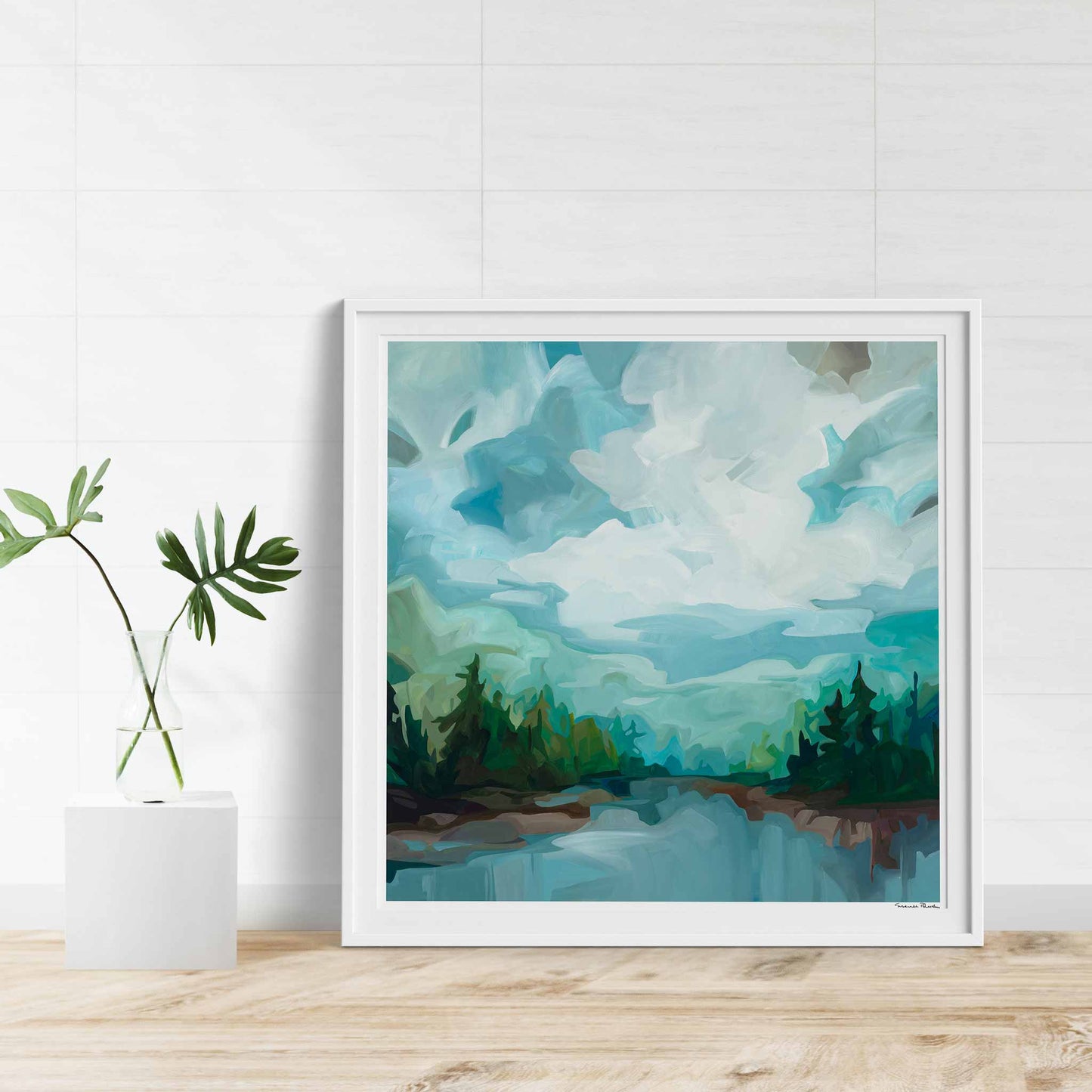 contemporary lake scene painting fine art print with an abstract sky by Canadian abstract artist Susannah Bleasby