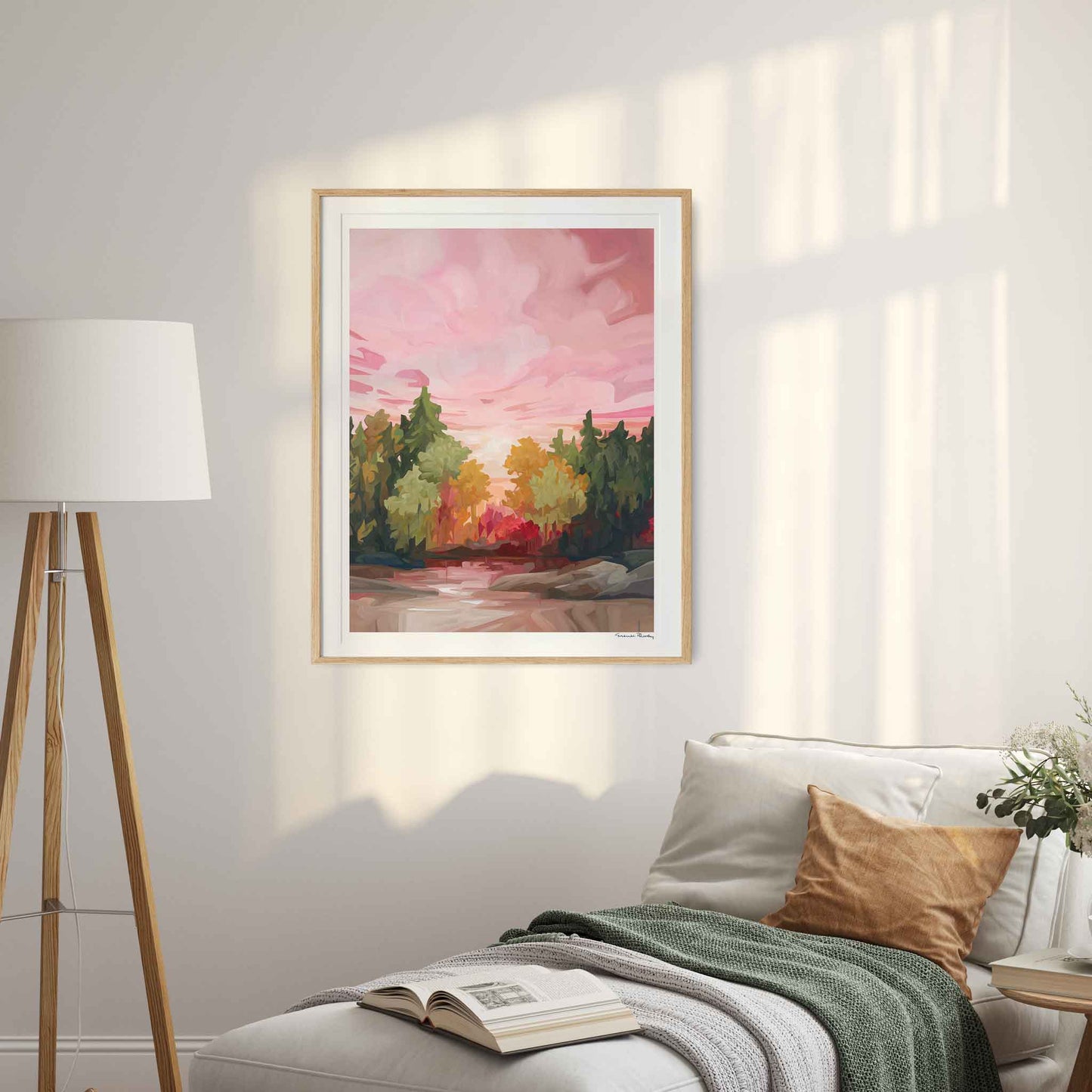 large vertical art prints of fall forest painting for living room by Canadian abstract artist Susannah Bleasby