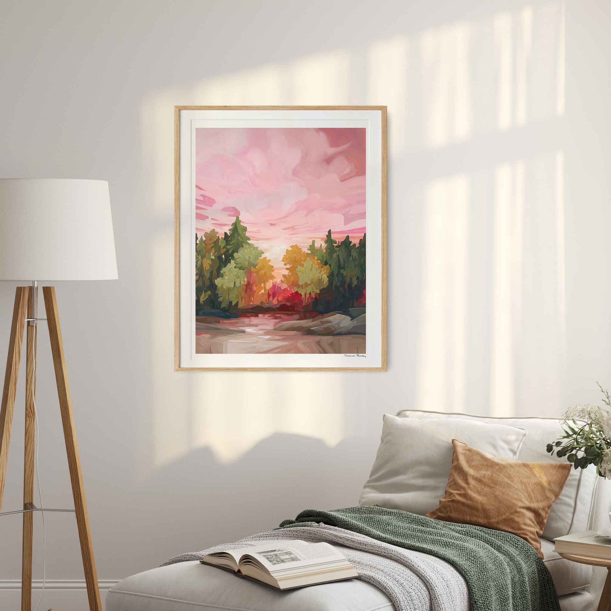 large vertical art prints of fall forest painting for living room by Canadian abstract artist Susannah Bleasby