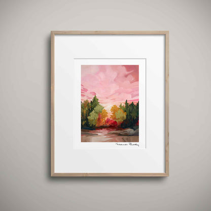 ‘Rosewater’ framed autumn fine art print showing a colourful woodland landscape with a rose pink sky.