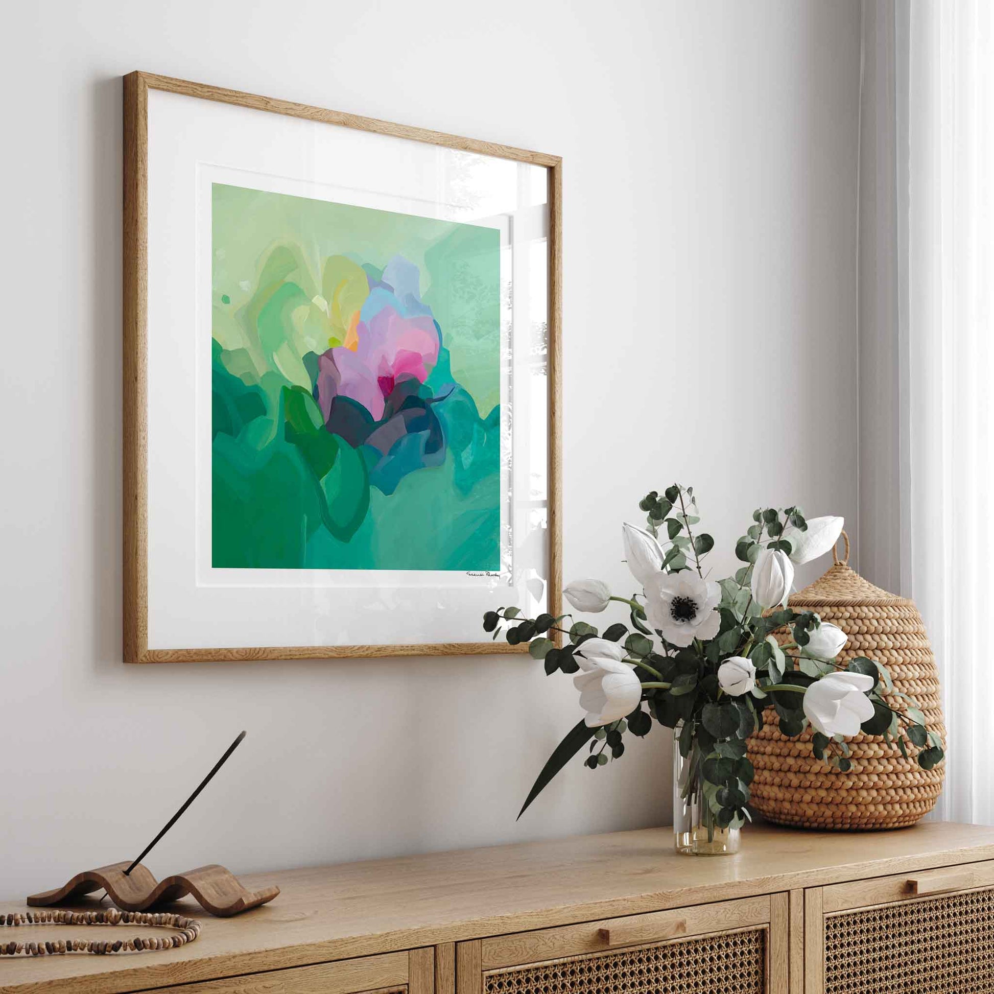 emerald green and jade acrylic abstract painting art print framed over sideboard 24x24