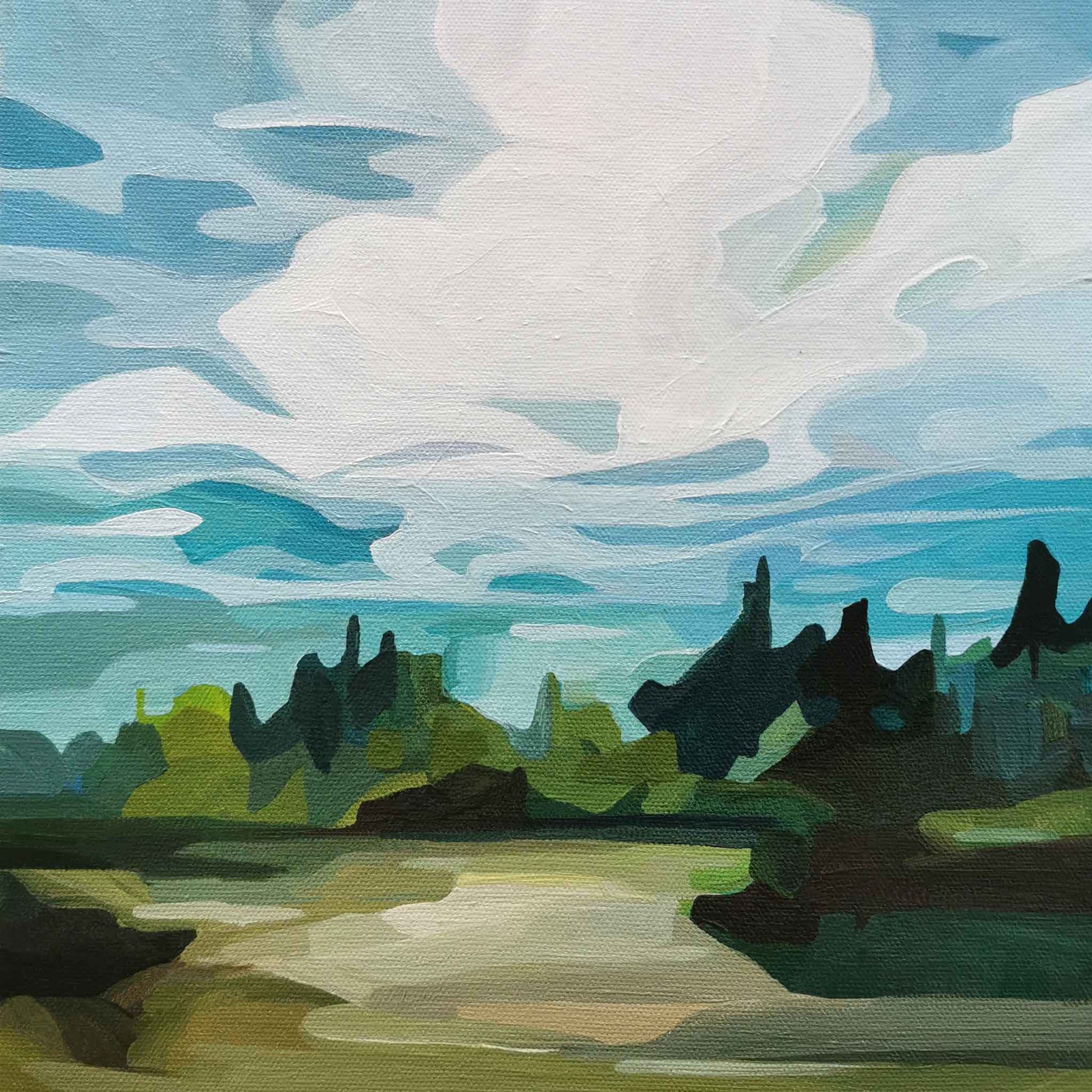 acrylic sky painting of an abstract skyscape above a forest