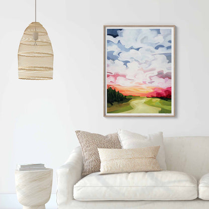 Vertical art print of a large sunrise painting by Canadian abstract artist Susannah Bleasby