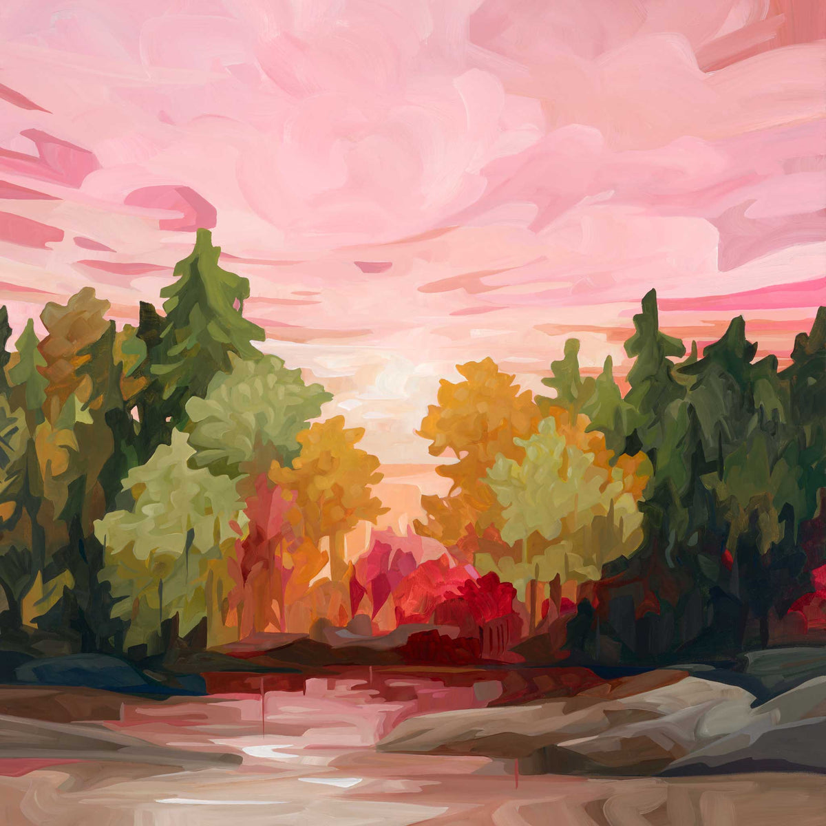 ‘Rosewater’ autumn fine art print featuring a rose pink sky, rich green and golden woodland and soft autumn light.
