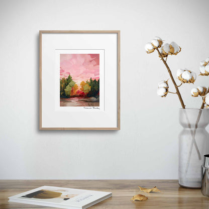 Framed ‘Rosewater’ fine art print featuring an autumn forest landscape in rose pink, green and gold.