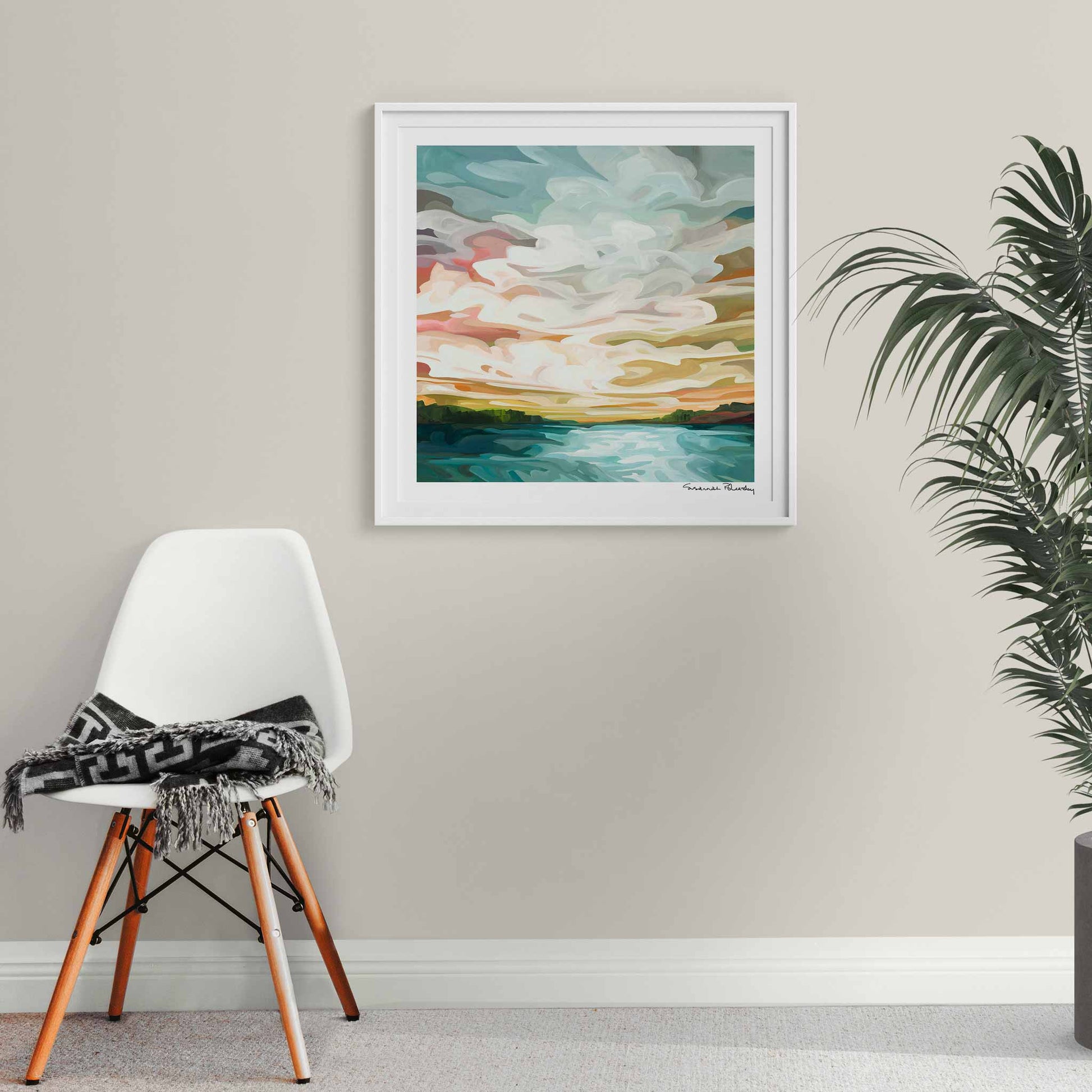 Framed 20x20 fine art print of an abstract sunrise painting by Canadian abstract artist Susannah Bleasby